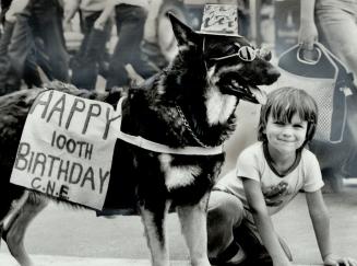 Four-Year-Old Richard Mallais says hello to his friend in dark glasses-Athena, a 16-year-old dog owned by Peter Nicholson which has performed at the C(...)