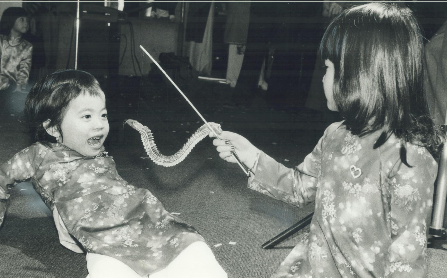 Happy new year: Anh Le, 4, wriggles a paper snake at her cousin, Loan Nguyen, also 4, as they get into the spirit of the Vietnamese Tet (lunar New Year)