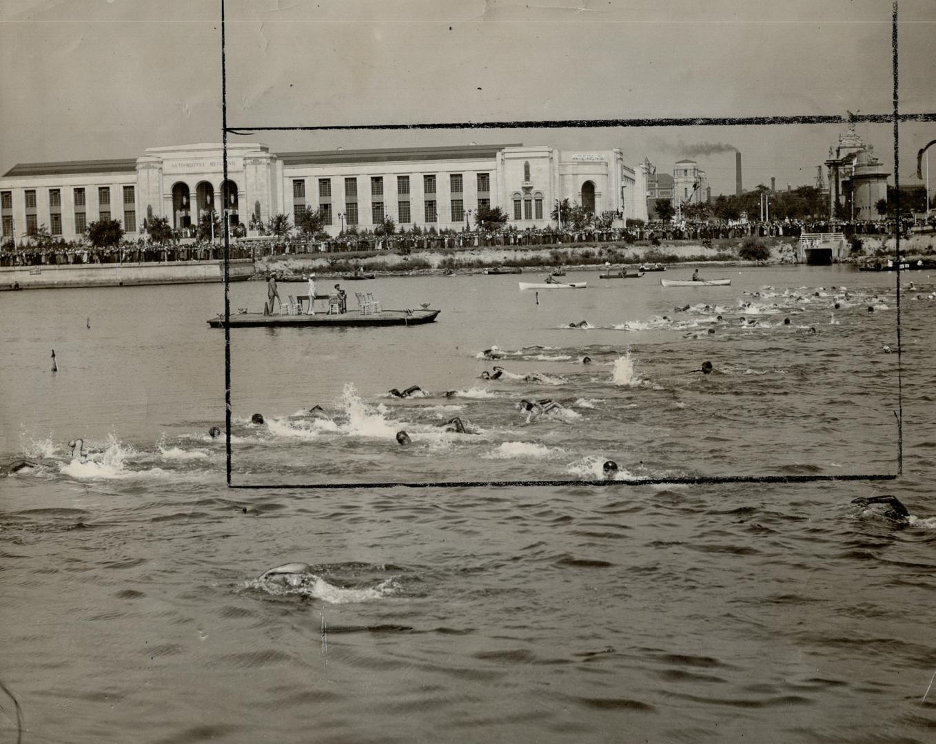 Seventy-Two Swimmers plunge in water at 58 degrees for 15-mile marathon, After two postponements that have tried swimmers' nerves and kept Toronto peo(...)