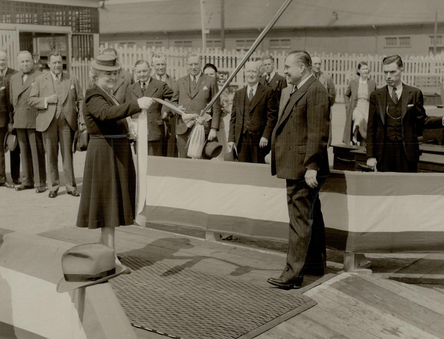 Ferryboat Sam McBride is christened by the former Toronto mayor's daughter, Mrs