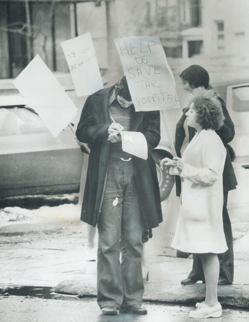 Man, above, adds his name to a petition protesting the closing of Doctors Hospital by Ontario Health Minister Frank Miller. Readers, in letters at lef(...)