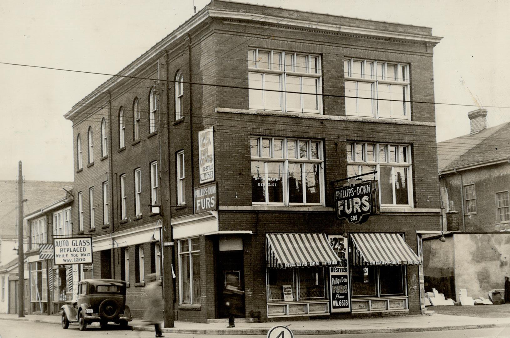 In (4) is shown the three-storey, brick structure at the southeast corner of Gerrard and Bay Sts