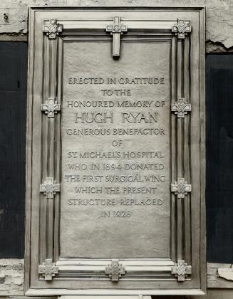 To be unveiled shortly. This memorial tablet to hugh Ryan benefactor of St. Michael's hospital, is to be unveiled in the near future in the new surgic(...)