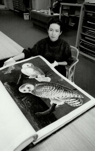 Sandra D'eath (Head of science and technology dept) looking at Audubon book, Birds of America, owned by Library