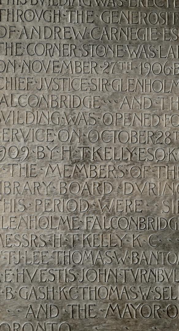 Carnegie commemorative tablet, Toronto Reference Library, Toronto Public Library, College Street, northwest corner of St. George Street.