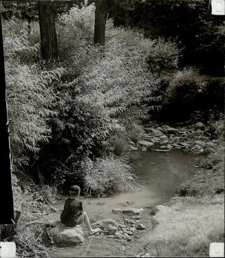 Image shows a person sitting on a stone in the park.