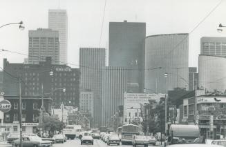 Looking south on Bay St. from College St., giant new office buildings dominate Toronto's skyline