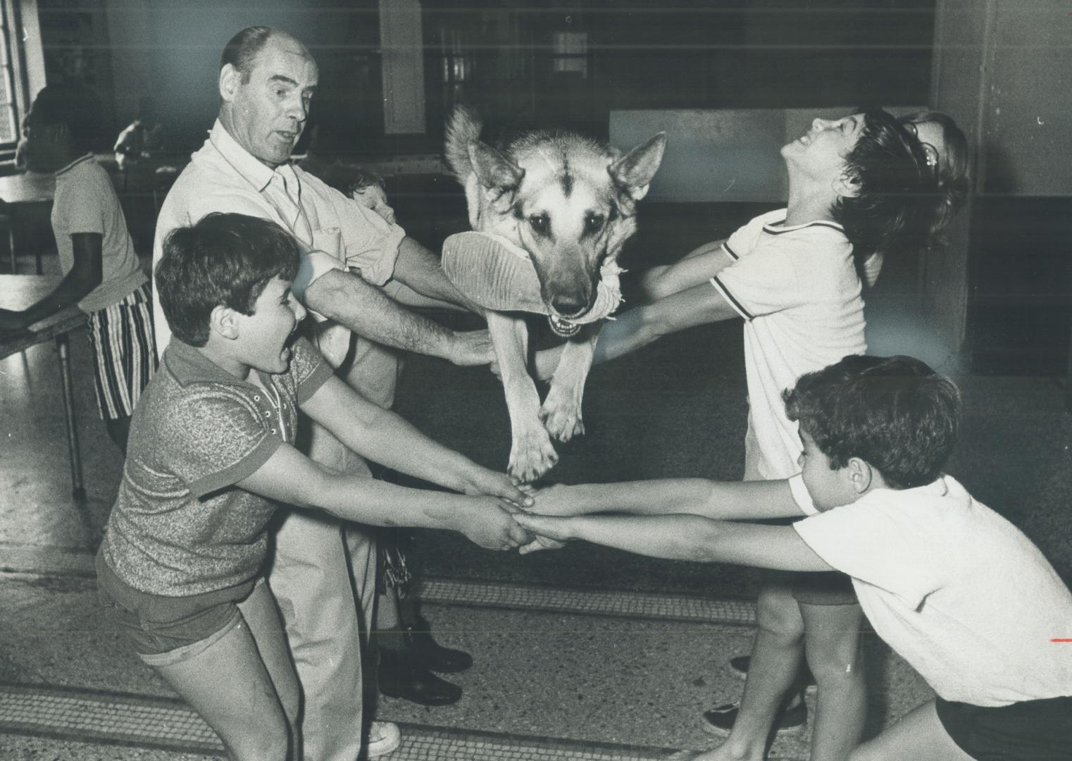 Pied piper of west end Y, Harry Stewart, enters enthusiastically into a children's game and his 7-year-old German shepherd, Glen, also gets into the a(...)