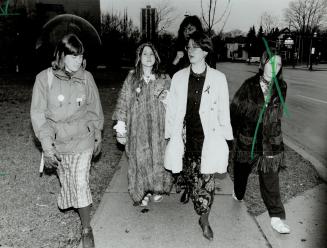 On trial: Four women on trial for indecency, from left, Anne Hansen, Tamara Robinson, Sheena McGrath and Renee Beneteau leave courthouse yesterday