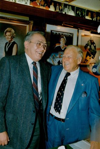 George Armstrong, named by Harold Ballard, right, as new Leaf coach yesterday, was behind the bench last night as Leafs beat St. Louis 4-3. It was their first win in 10 games