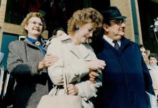 Debbie Bastien, flanked by her mother Pat Boutet (left) and lawyer Leon Paroian, talk to the media after the inquest rapped up, Thursday morning