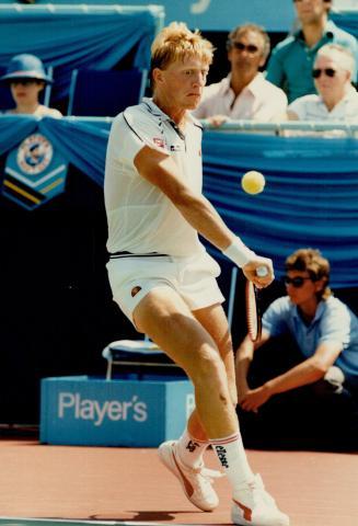 Kaiser Boris: Boris Becker returns a shot yesterday en route to a 7-6 (7-4), 7-6 (7-3), semifinal victory over Jonathan Canter at the Player's International tournament at York University