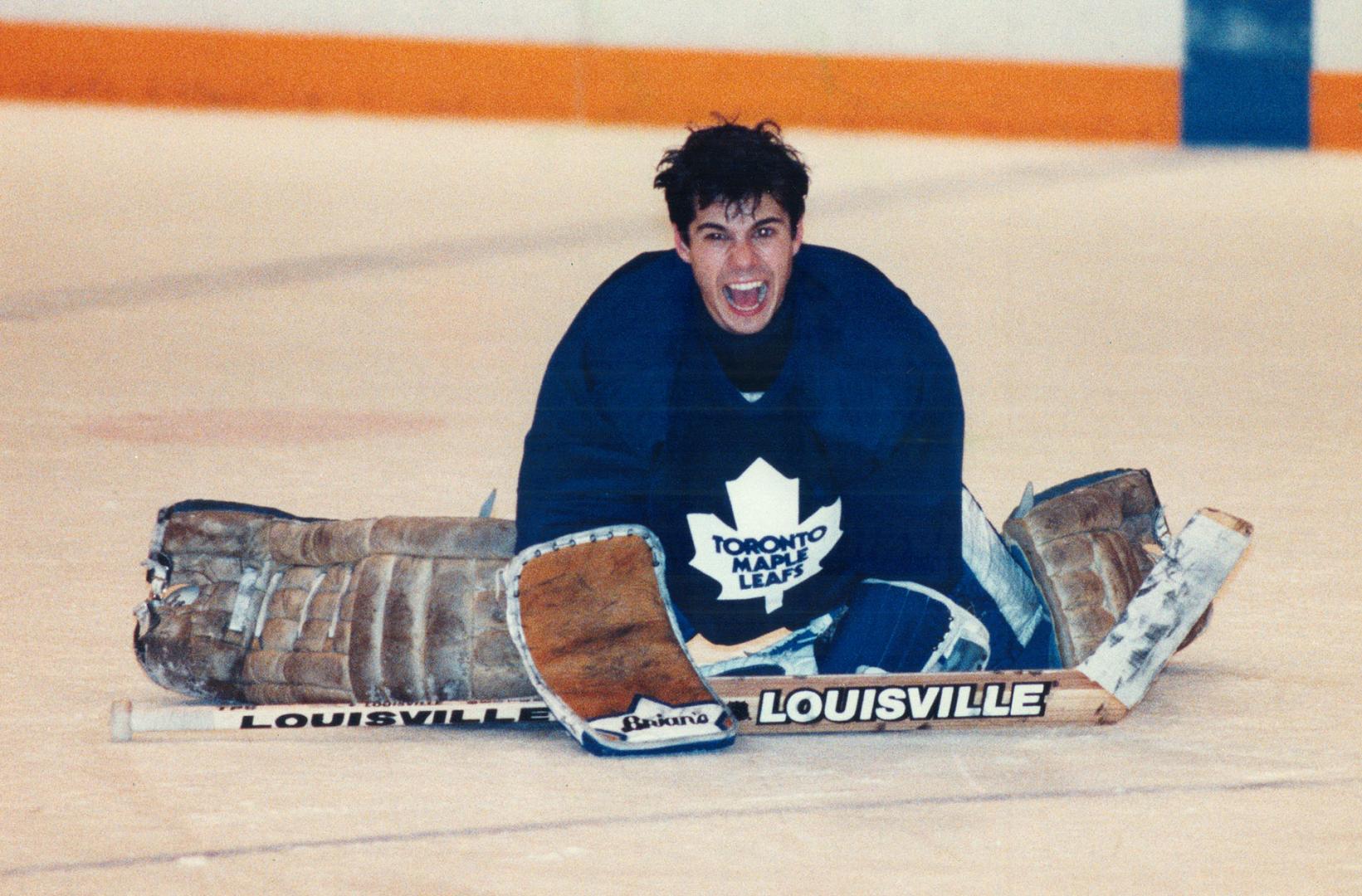 Why is this man laughing? Well, obviously Allan Bester is sharing the good fortune of the Leafs lately and practice has become a fun place. But Bester(...)