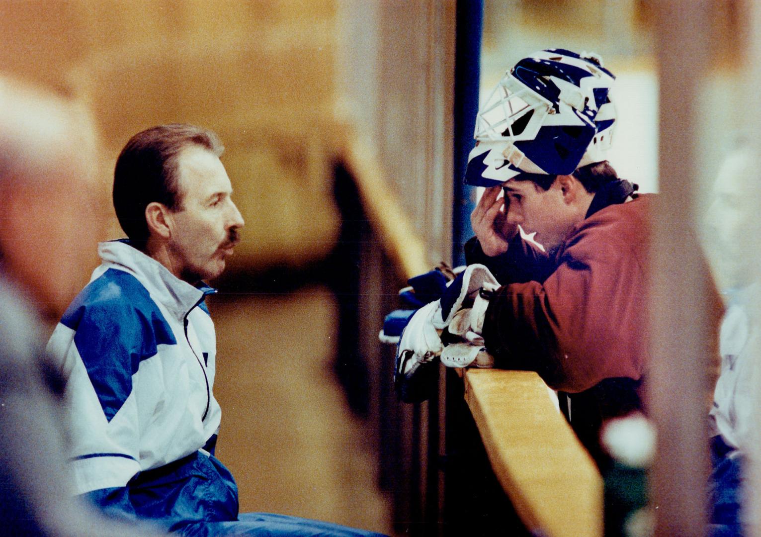 . . . and later, Bester has a heart-to-heart chat with coach Tom Watt. Leafs play the North Stars tonight in the first of a five-part series over the (...)