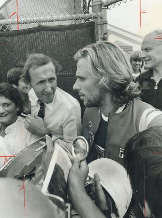 Bjorn is in town: Player's International tournament director John Beddington and a large number of fans greeted Swedish tennis star Bjorn Borg when he arrived in Toronto yesterday