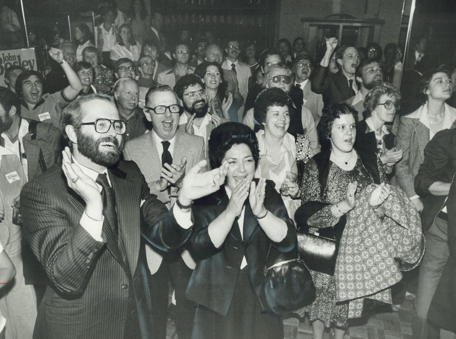 Don Valley West winner Tory John Bosley, provincial minister Bette Stephenson and supporters wh…