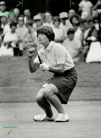 Agony: Pat Bradley missed this putt on 15 and dropped back to a tie with JoAnne Carner, who had just scored a birdie