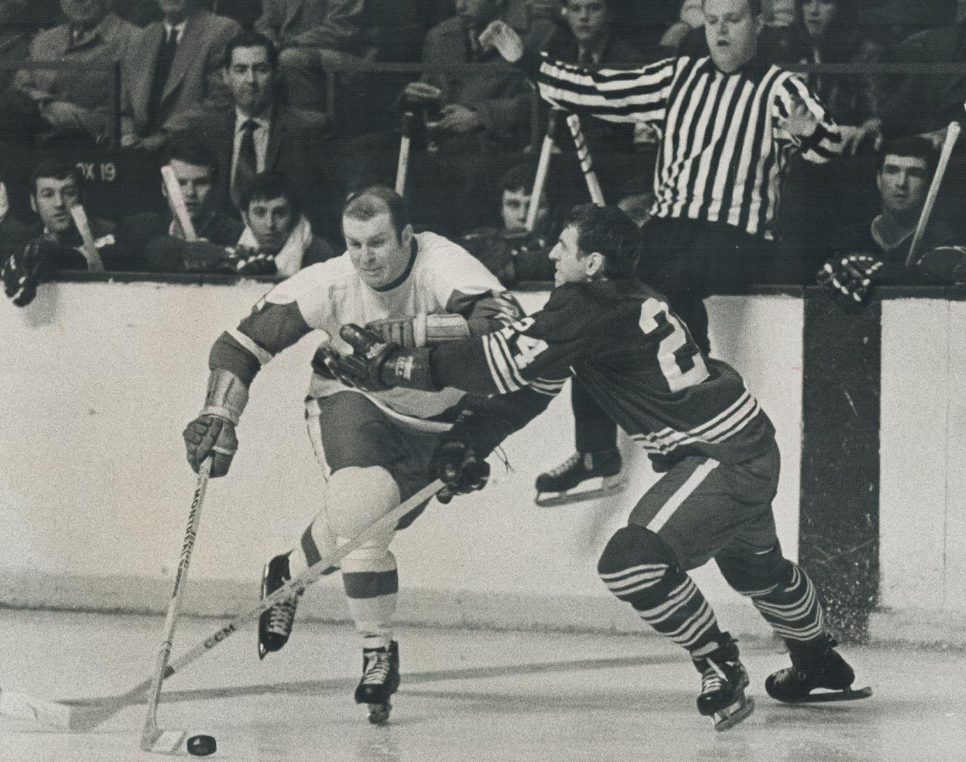 A familiar sight, but in strange garb, former Leaf defenceman Carl Brewer returns to Maple Leaf Gardens as a Red Wing and displays old flourish as he (...)