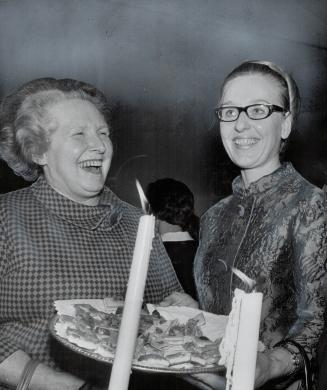 Controller Margaret Campbell with Mrs. H. Lennart Sumelius at the reception given by the new Ambasador of Finland and Mrs. Semulius in the Plaza room of the Park Plaza Hotel