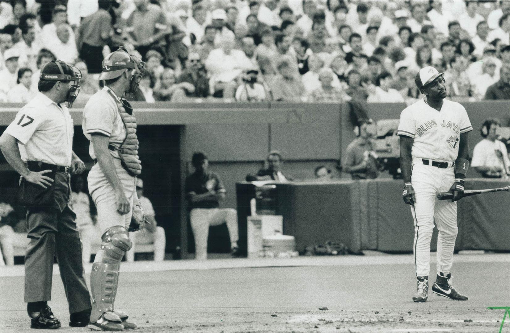 Joe's ticked: The Jays' Joe Carter shakes his head after a called strike last night at the dome