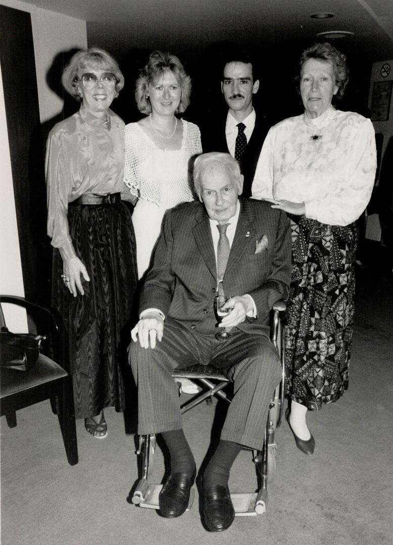 Man of the hour Floyd Chalmers is flanked, from left, by daughter-in-law Clarice Chalmers, grandchildren Lisa and Hamish Chalmers, and daughter Joan