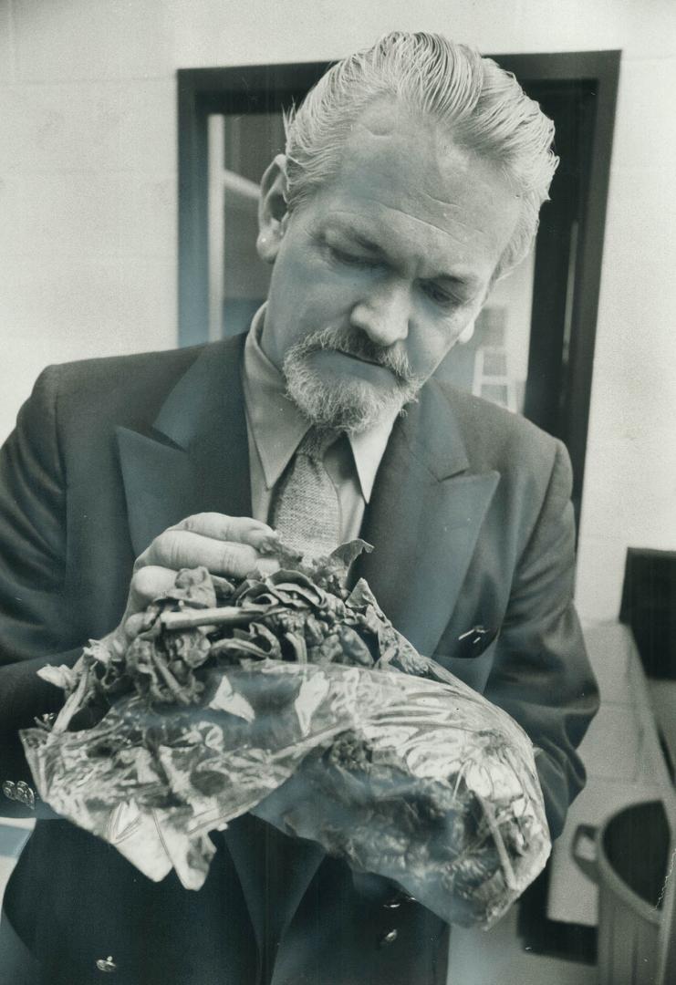 Dr. Donald A. Chant, chairman of the board of advisers to Pollution Probe examines a package of spinach and hopes he will find some aphids in it. To h(...)