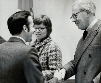 At city hall for nomination day, Stephen Clarkson (left) is greeted by his nominators, Mrs