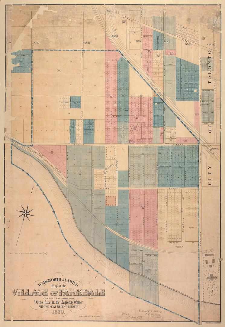 Wadsworth & Unwin's map of the village of Parkdale compiled and drawn from plans filed in the registry office and the most recent surveys