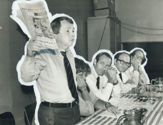 Fellow candidates are all ears as David Crombie waves Toronto Star story on Joe Clark's tax proposals while defending Conservative leader. Beside him (...)