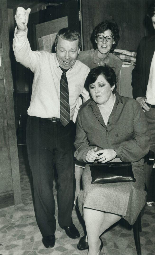 Delighted David: A jubilant David Crombie, along with wife Shirley, front, celebrates his win in Rosedale and a Tory sweep nationwide as results arrive on TV at his election headquarters