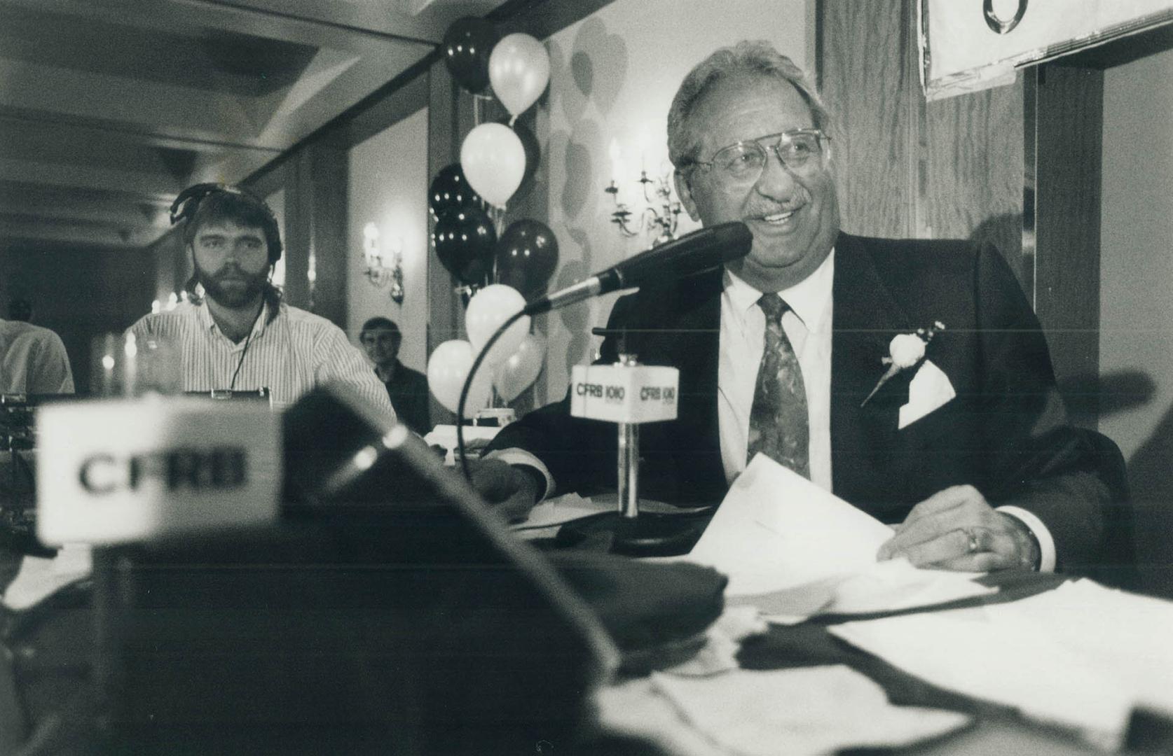 CFRB's Morning Man Wally Crouter has a chuckie during his 45th anniversary morning radio show broadcast from the Sheraton Centre this morning. Recordi(...)