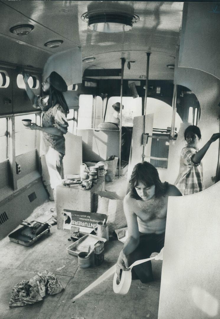 Interior of streetcar being renovated