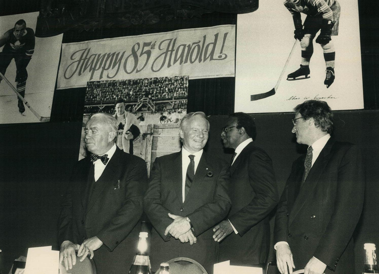 Harold would love it. It was Harold Ballard's 85th birthday, but the ailing guest of honor couldn't attend. Among guests were, from left, old Ottawa R(...)