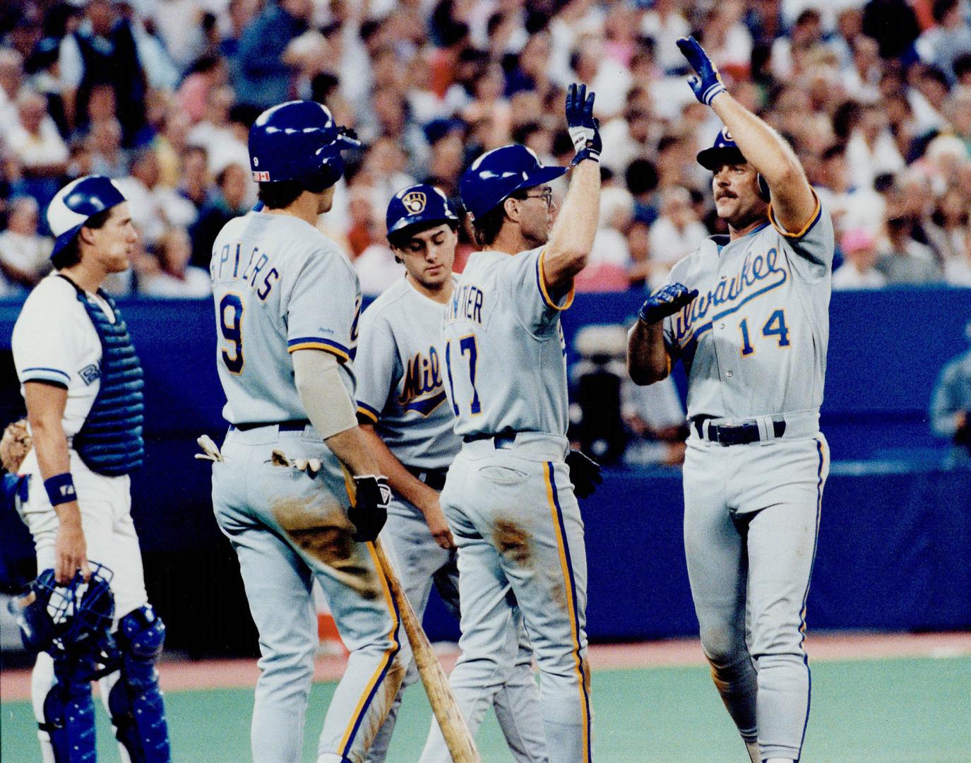 Key blow: The Jays' Jimmy Key, left, could have used some of the home run power supplied by Milwaukee's Rick Dempsey (14) last night