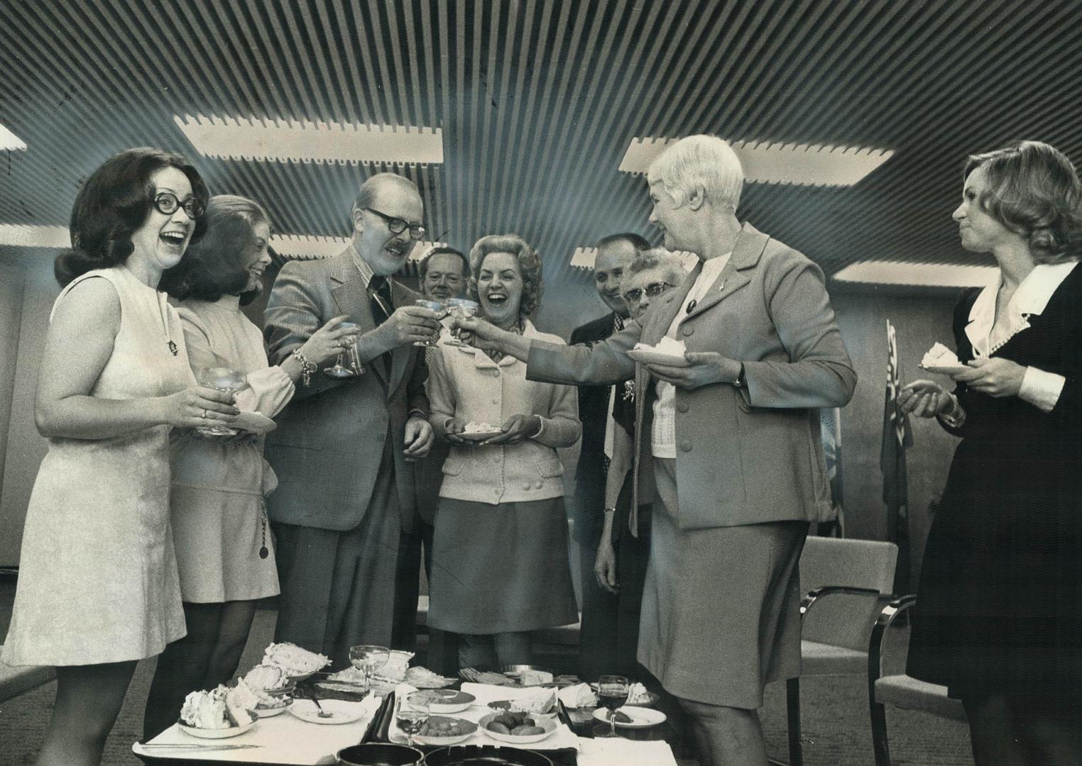 Retirement party for a Mayor. Personal staff at City Hall held a retirement party for Mayor William Dennison and his wife, Dorothy (right), in his off(...)