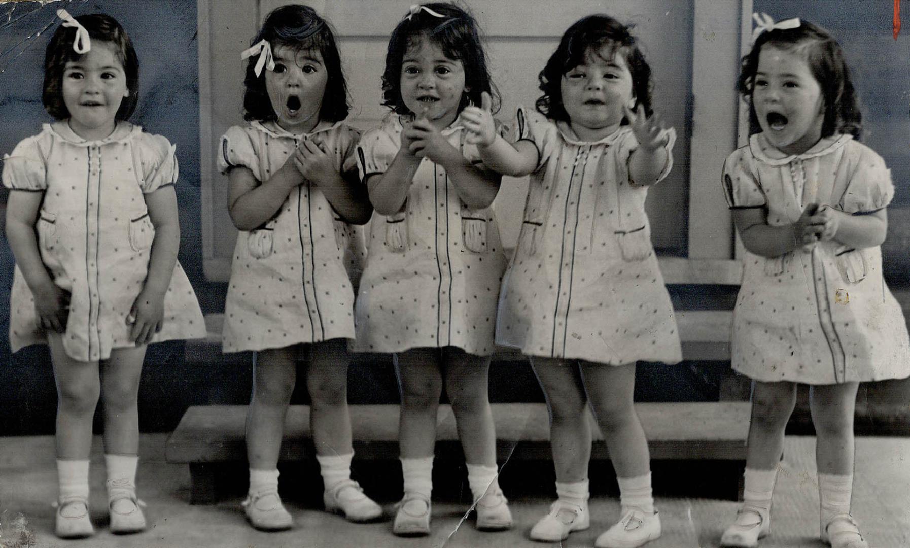 Three years old. This picture of Emilie, left, Yvonne, Cecile, Annette and Marie, was taken at their Callander home on third birthday Their father, wh(...)