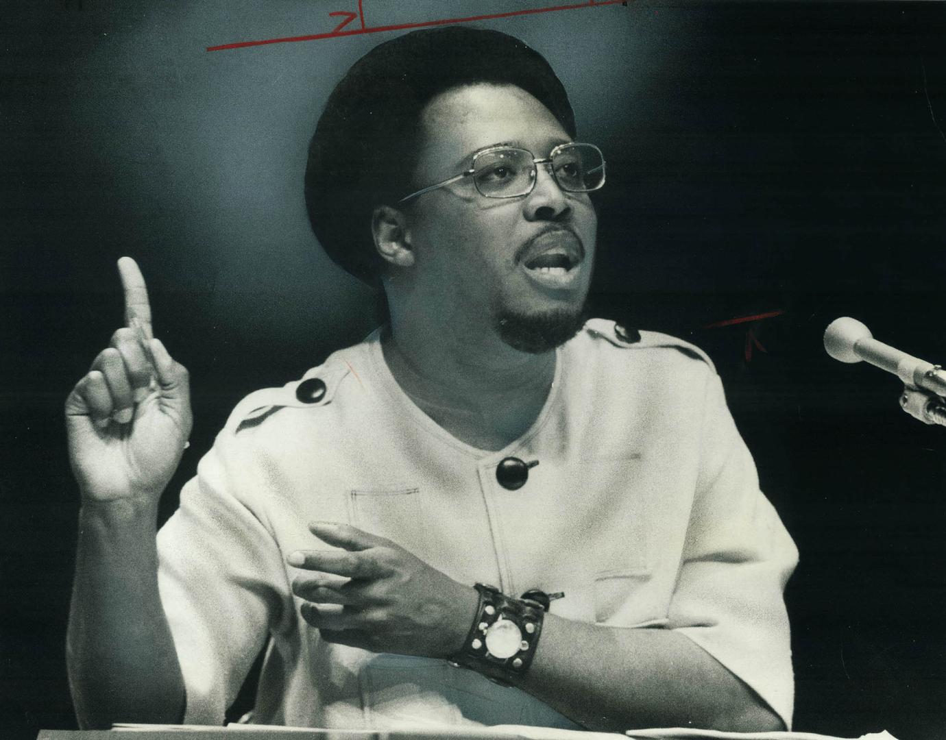 Roosevelt Douglas, convicted in the 1969 riots at Sir George Williams University in Montreal, speaks during a panel discussion of racism in Canada last night