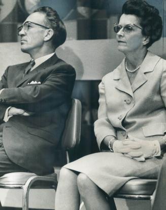 NDP Leader Douglas and his wife listen to Lord Brockway