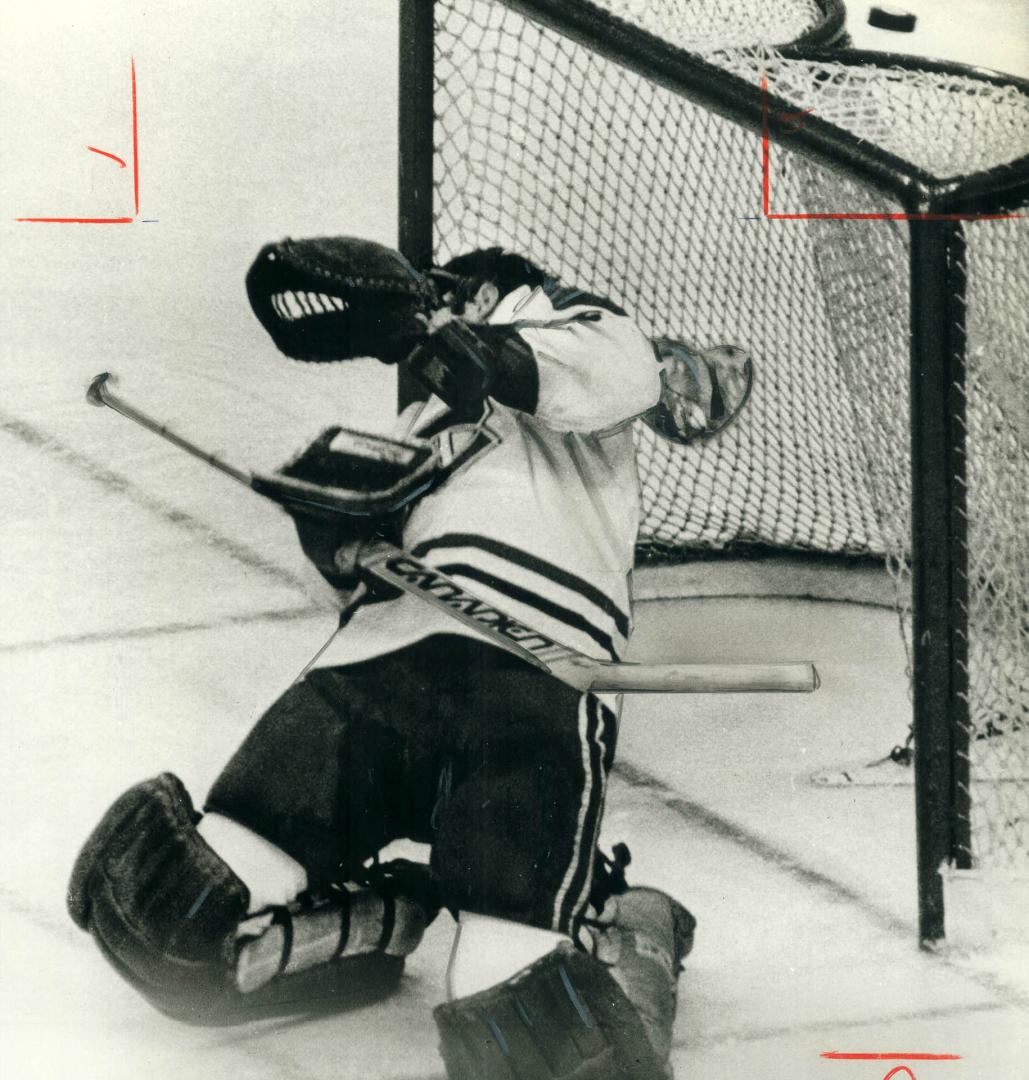 Ron Ellis' shot knocked off Ken Dryden's mask