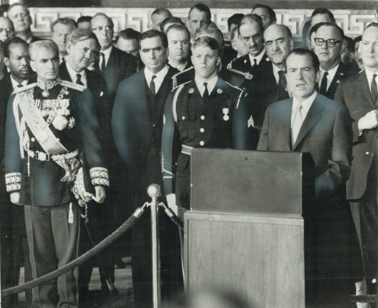 Delivering his Eulogy over the casket of former president Dwight Eisenhower, U