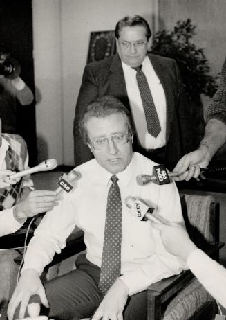 Declaring war. Toronto, Metro and province will battle to get city tax-free status for international banking, Mayor Art Eggleton vows yesterday. In background is Metro Chairman Dennis Flynn