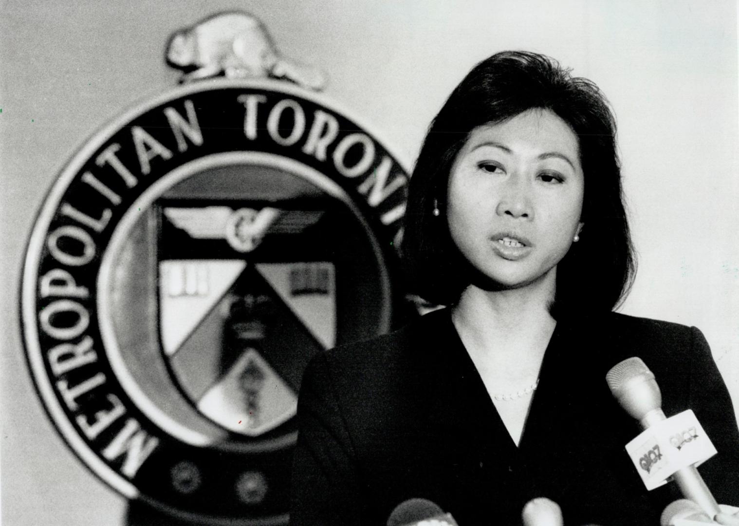 Serious situation: Metro Police Services Board chairperson Susan Eng tells reporters yesterday that Councillor Norm Gardner should step down for now, as do officers who are involved in a shooting