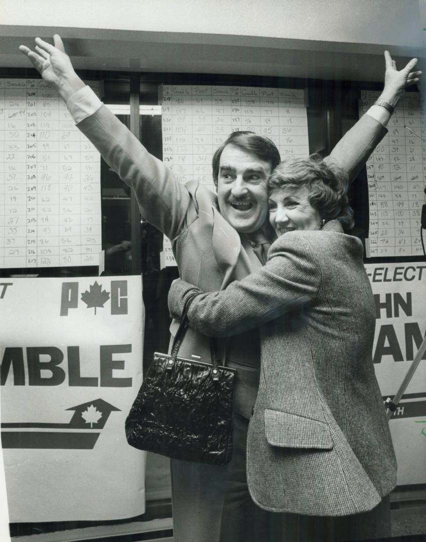 John Gamble, Progressive Conservative candidate in York North riding, gets a victory hug from his wife, Katie, after holding his seat in the face of a(...)