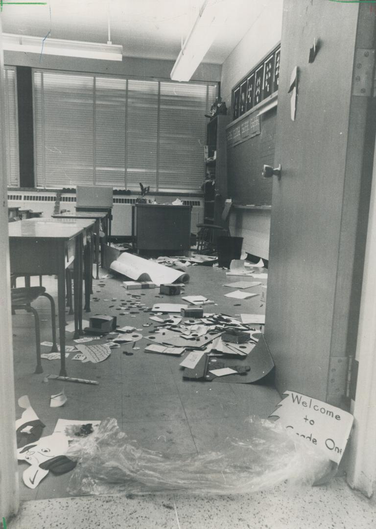 The work of vandals leaves this room in North York's Gosford public school a mess