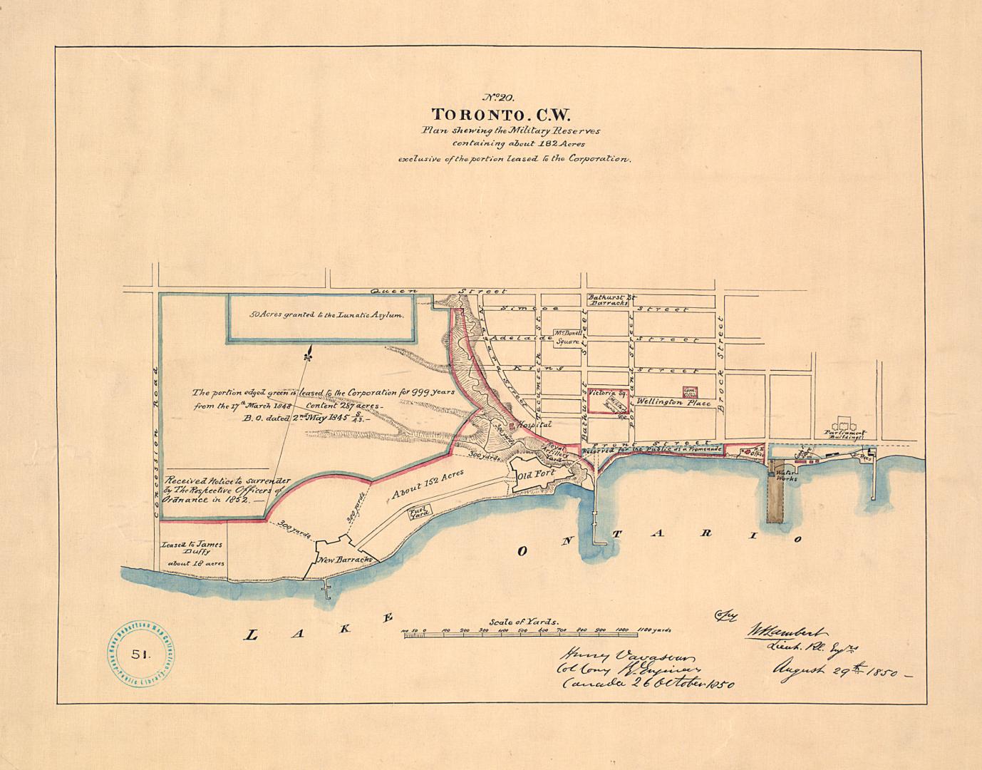 (1850) Toronto, C.W., Plan shewing the military reserves containing about 182 acres exclusive of the portion leased to the Corporation