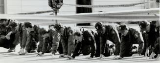 Slow progress: Provincial police officers scour an Ingersoll parking lot yesterday for clues to the shooting death of town Constable Scott Rossiter