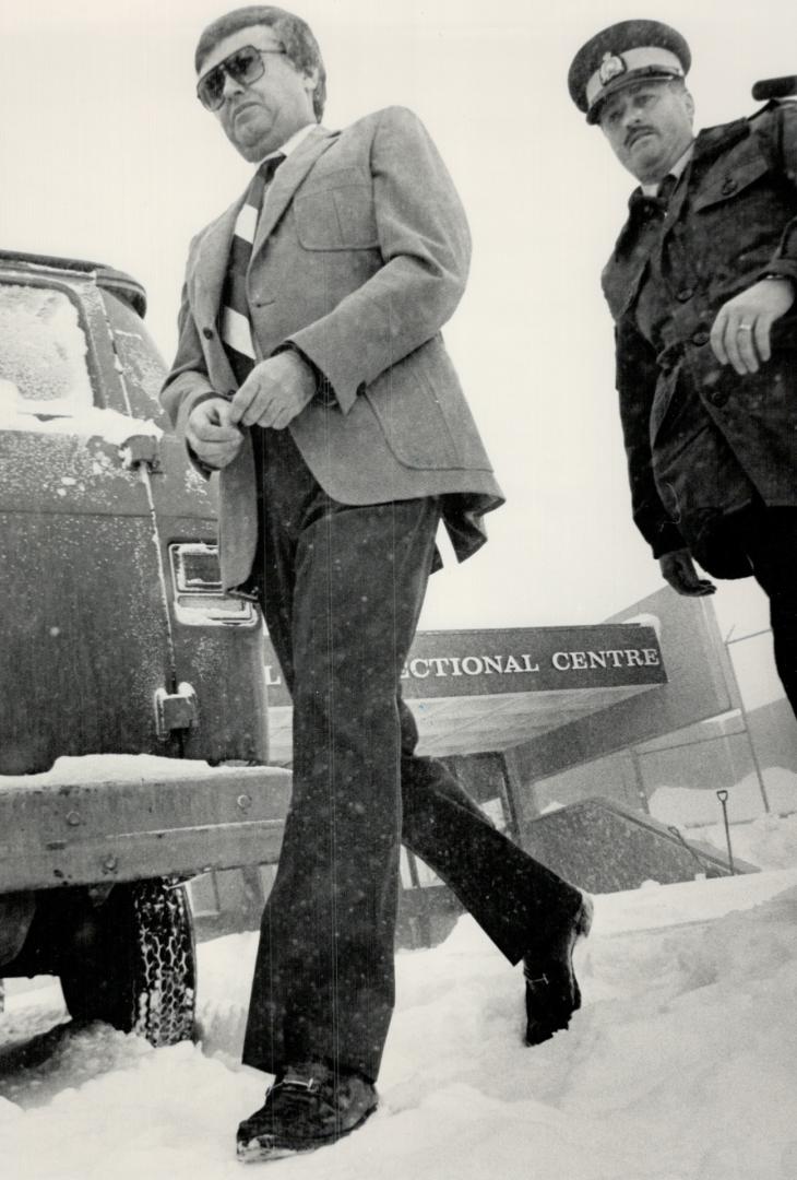 Saskaton - Oct. 31/84 Colin Tathcher leaving prison this morning onhis way to court house. Today we have blowing show and temp