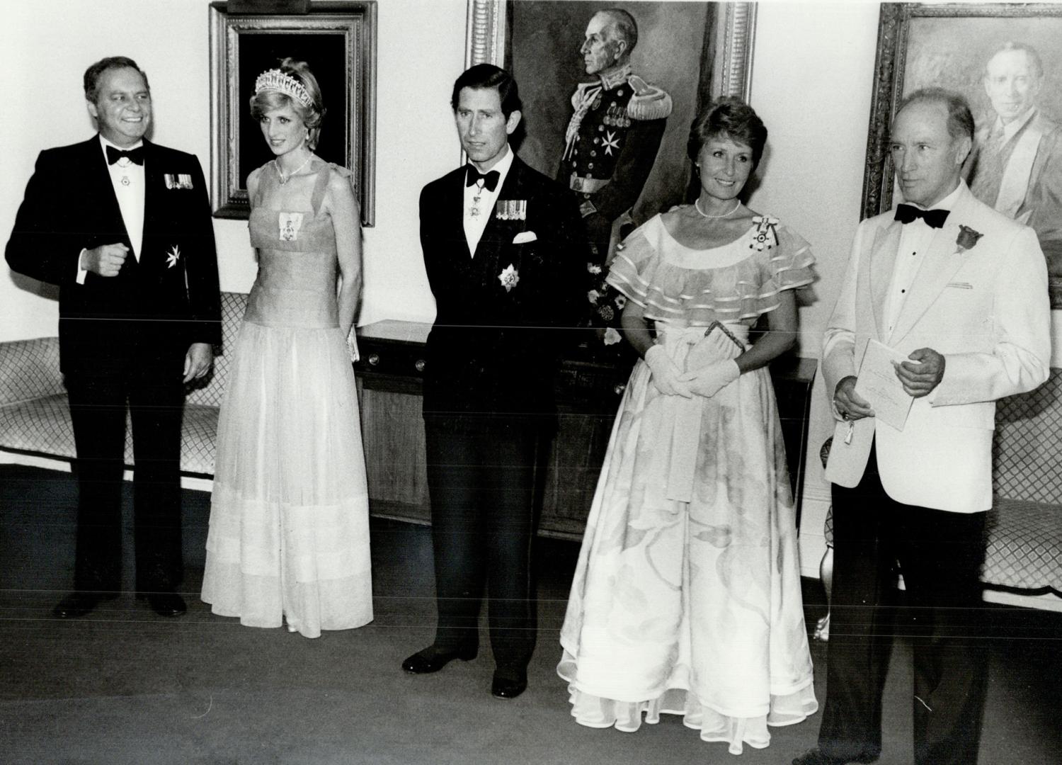 At Rideau Hall dinner: Governor-General Edward Schreyer, Diana, Charles, Lily Schreyer, Prime Minister Pierre Trudeau