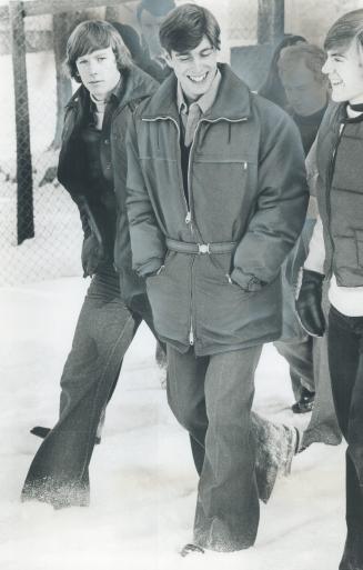 Prince Andrew (middle), accompanied by head boy David Miller (left), 18, and Richard Tucker, 17, is taken on a familiarization tour of Lakefield Colle(...)