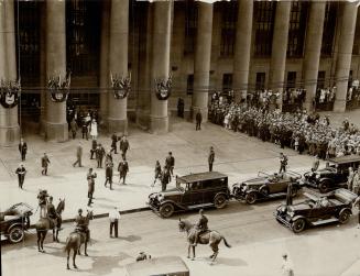 First to enter Toronto by Stanley Terminal, Between the Grecian pillars the prince led the way for the first party arrive in the city by the way of the new Union Station